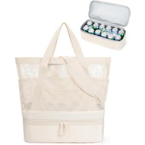 BAGSMART Beach Bag for Women, Mesh Tote Bags with Zipper, Sandproof Vacation Essentials with Cooler for Swim Cruise Pool