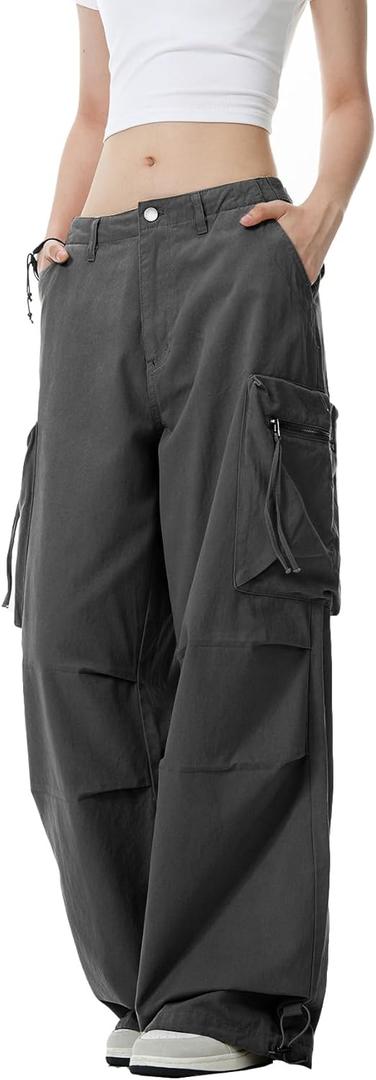 WZIKAI Womens Parachute Cargo Pants Y2K Baggy Cargo Pants Wide Leg Casual Joggers with Pockets (X-Large, Grey)