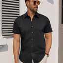 Men's Short Sleeve Dress Shirts Stretch Stain Shield Business Casual Button Down Shirts Solid Formal Wedding Tops (Black, L)