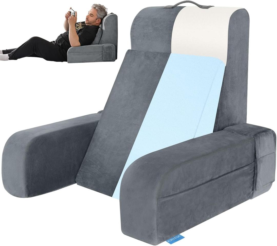 Kayfia Reading Pillow, 10 in 1 Back Pillow for Bed Sitting up with Detachable Arms Rest, Back Rest with Gel Memory Foam, Husband Pillow for Reading/Gaming/Working in Bed or Couch 21'', Gray