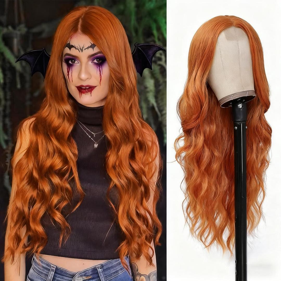 YESEGO Long Halloween Orange Ginger Curly Wavy Wigs for Women 26 Inch Lace Front Wig Middle Part Wig Heat Resistant Fiber Natural Body Wave Wigs For Daily Cosplay Party Use