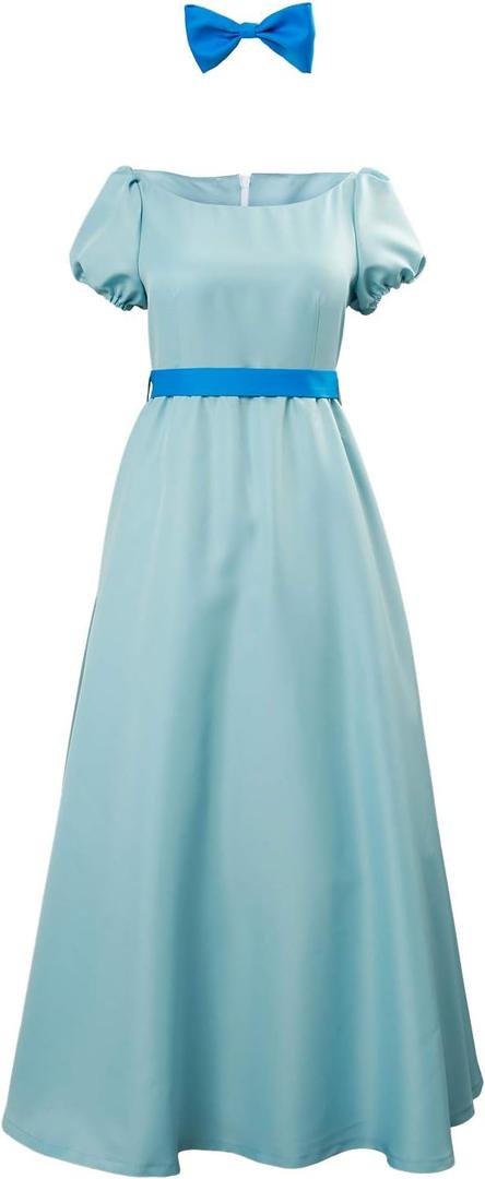 Sinastar Women Dress Blue Costume Cosplay Girls Summer Dress Blue Dresses With Belt Bow Headwear Halloween Suit Adult (X-Small, Adult Dress)