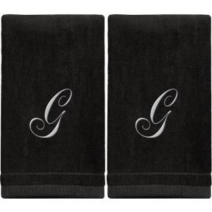 Monogrammed Towels Fingertip, Personalized Gift, 11 x 18 Inches  Set of 2 White Embroidered Towel  Extra Absorbent 100% Cotton  Soft Velour Finish  For Bathroom/ Kitchen/ Spa  Initial G (Black)