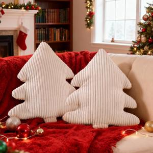 Lanpn Christmas Tree Pillows Set of 2, Christmas Decoration Narrow Stripes Winter Throw Pillow Soft Cute 3D Shaped Xmas Tree Cushion for Sofa Bedroom Xmas Decor (18x16 inch, Off White) (Beige)