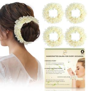ZAINY 4 Mogra Gajra for Hair Indian Bun Braid, Artificial Scented Hand Gajra Bracelet, Jasmine Flower Scrunchie, Traditional Veni Bridal Hair Accessories for Women, Floral Indian Wedding 4 Pack