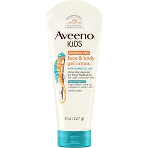 Aveeno Sensitive Skin Face & Body Gel Cream for Kids with Prebiotic Oat, Clinically Proven 24 Hour Hydration for Soft Skin, Quick Drying and Lightweight, Hypoallergenic, 8 oz