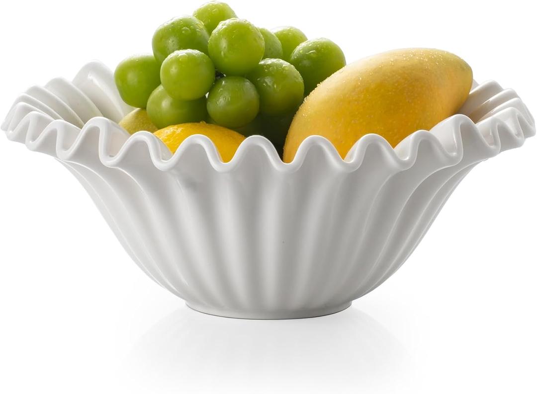 Large Decorative Bowl, 10 inches Porcelain Fruit Bowl for Kitchen Counter HandCrafted Ruffle Bowl for Home Decor Stylish Flower Dish for Party, White