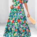 dowerme Womens Summer Dresses 2026 Casual Puff Short Sleeve V Neck Floral Boho Tiered Ruffle Maxi Dress with Pockets (S, Green Orange Flower)