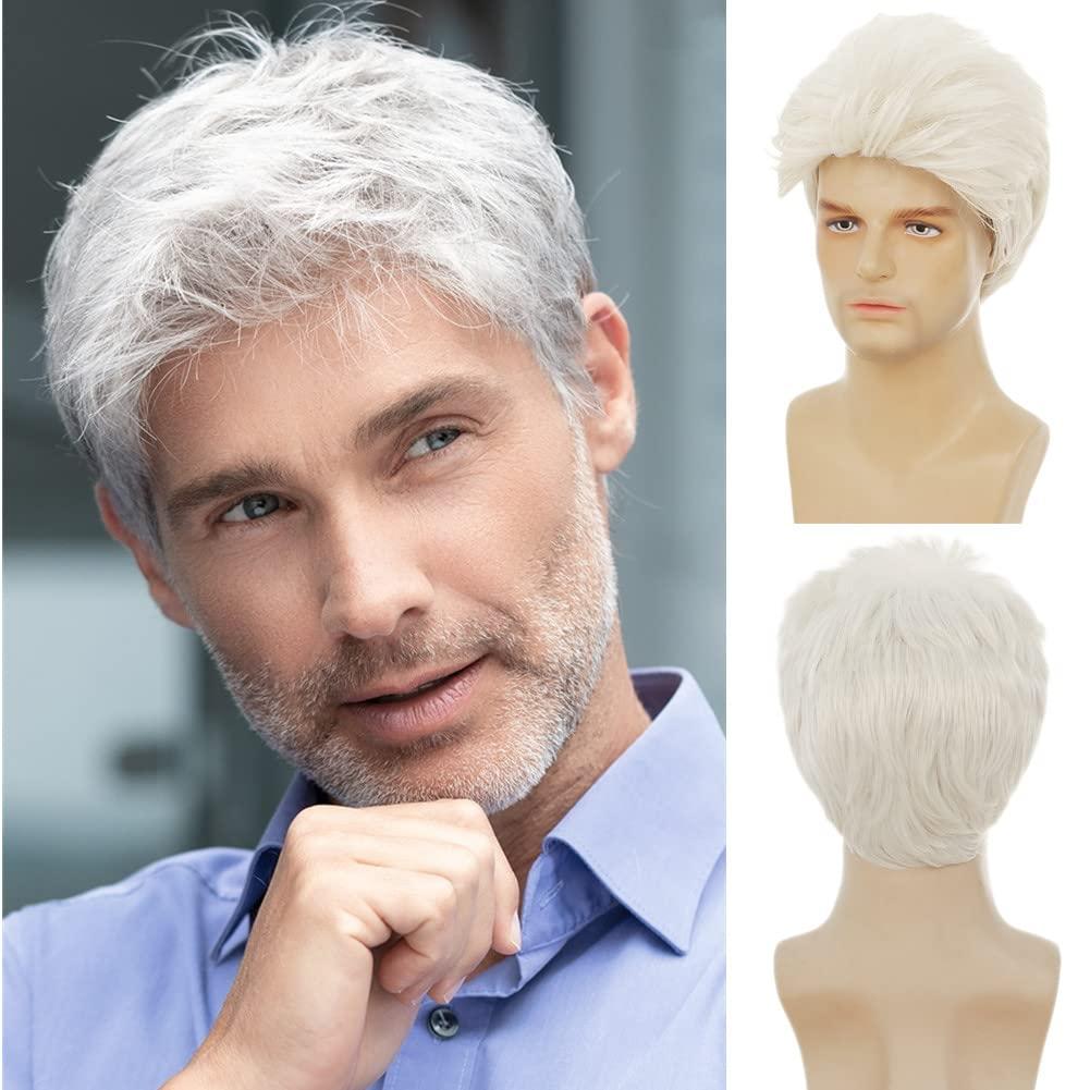 Mens White Wig Short Layered Fluffy Hair Wigs Cosplay Daily Party Replacement Wigs for Male Buy, (hat circumference is 22.5 inches)