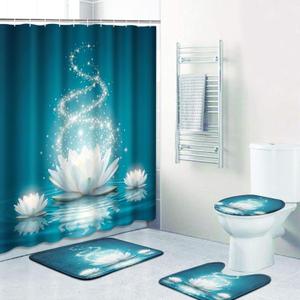 Britimes 4 Piece Shower Curtain Sets, with 12 Hooks, Magic Lotus Flower Turquoise Zen with Non-Slip Rugs, Toilet Lid Cover and Bath Mat, for Bathroom Decor Set, 72" x 72"