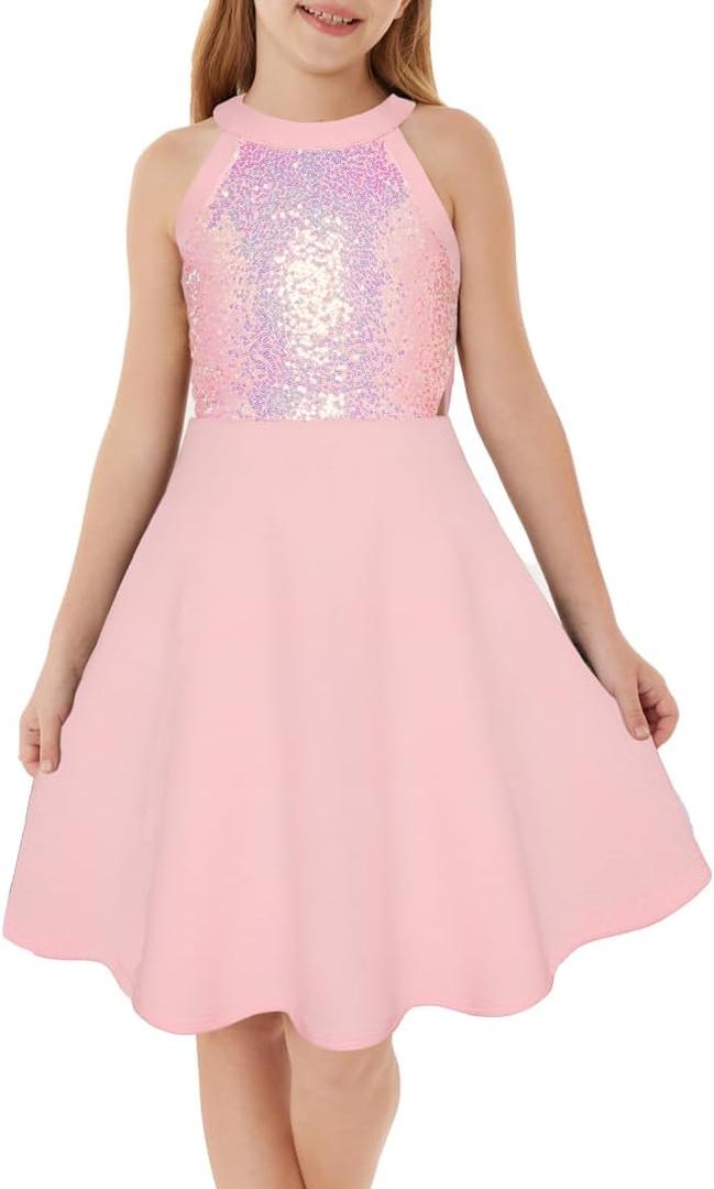 GRACE KARIN Girls Sequin Party Dress Holiday Birthday Dance Formal Halter Hollow-Out Trendy Prom Dresses (10 Years, Pink)