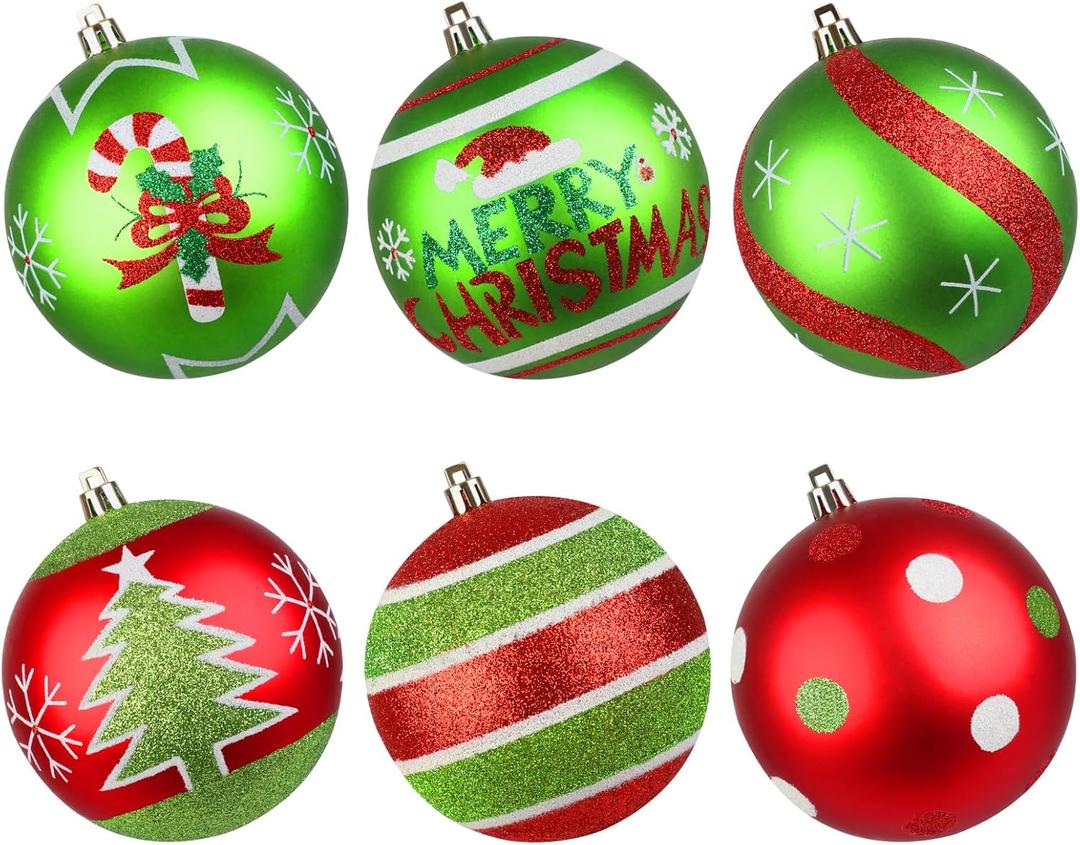 Lanpn 6Pcs 4" Large Outdoor Christmas Ornaments, Xmas Tree Elf Swirl Ball Decoration, Big Red Green Christmas Ornament, Giant Glittering String Ball Plastic Hanging Decor for Yard Lawn Holiday Party