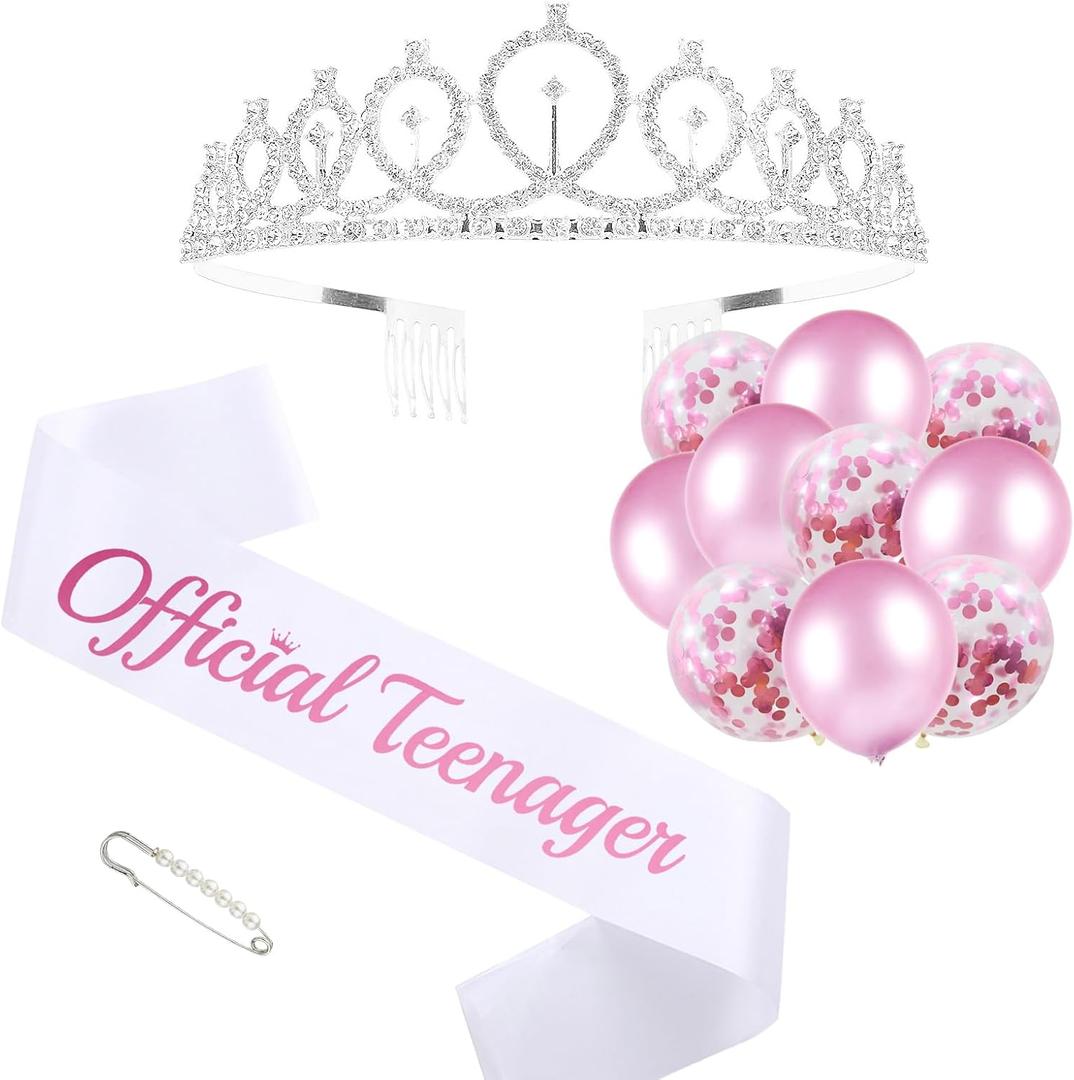 Official Teenager Sash and Rhinestone Tiara Kit, Pink Letter White Birthday Sash Balloons Crystal Silver Tiara Crown for Girl 13th Birthday Gift Ideas Party Decorations