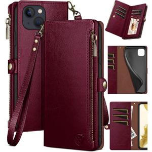 XcaseBar for iPhone 15 6.1" Wallet case with Zipper Credit Card Holder RFID Blocking,Flip Folio Book PU Leather Shockproof Strap Protective Cover Women Men for Apple 15 Phone case Wine Red