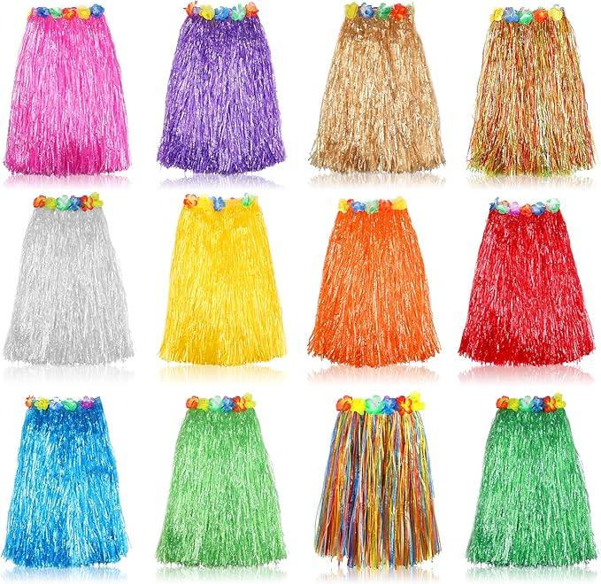 Grass Skirt Hawaiian Luau Hula Skirts Party Decorations Favors Supplies Grass Skirts for Adult Elastic Hibiscus Flowers Tropical Skirt, Party, Birthday, Celebration 60CM 12Pack Multicolored,