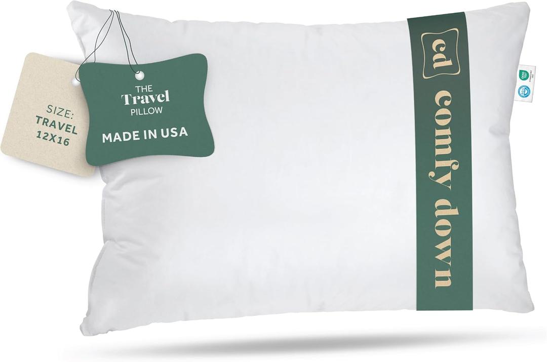 ComfyDown Goose Down Travel Pillow - Filled with 800 Fill Power European Goose Down, Egyptian 300 Thread Count 100% Cotton Cover for Plane car & Home - Made in USA (12x16)