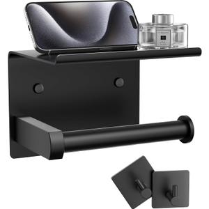 Tindbea Toilet Paper Holder with Phone Shelf + Towel Robe Hooks, Adhesive or Screw Wall Mounted Toilet Paper Roll Storage, Stainless Steel Bathroom Tissue Roll Holder (Matte Black) (Regular)