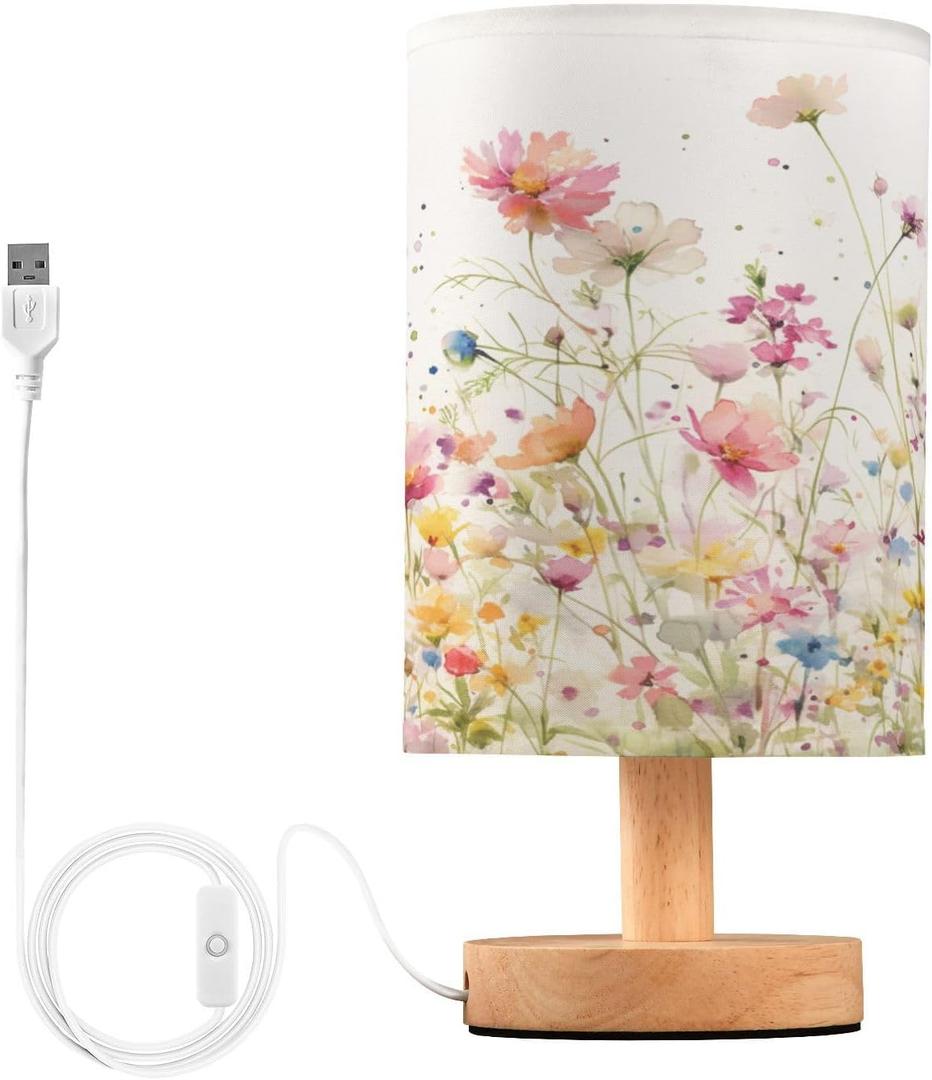 Kigai Wildflowers Bedside Table Lamp for Bedroom LED Nightstand Light Wood Base Desk Lamp with Fabric Shade & USB Ports for Nursery, Living Room, Dorm Office