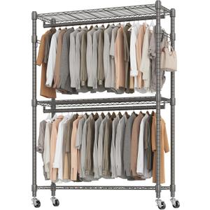 BATHWA Heavy Duty Garment Rack on Wheels, Rolling Clothes Racks for hanging clothes, Simple Sturdy Wardrobe Rack with Double Hanging Rods, 8 Side Hangers, Gray (47.2"W x 17.7"D x 80.7"H)