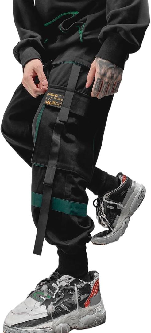 Men's Jogger Pants Techwear Hip Hop Harem Pants Streetwear Tactical Track Pants with Drawstring (Large, Black-green)