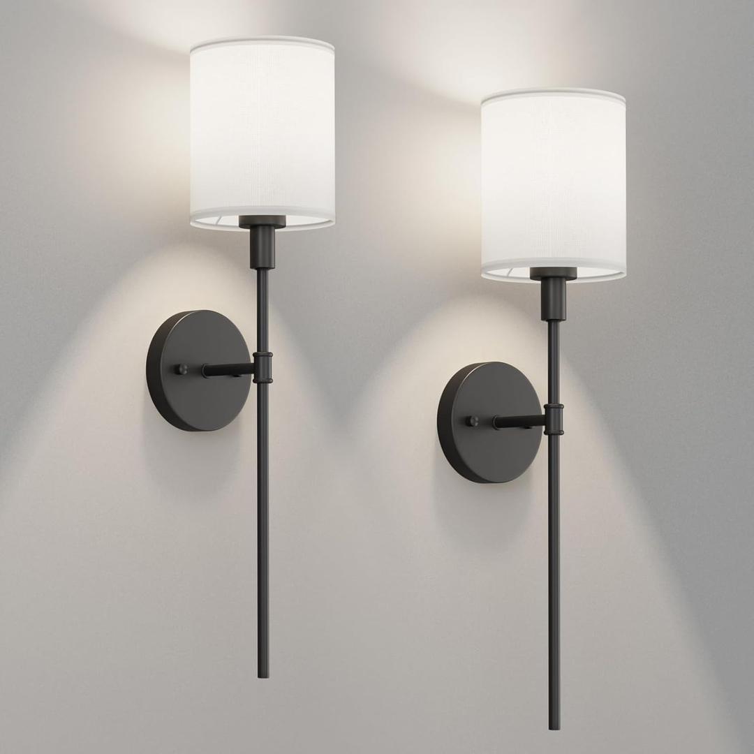 Tipace Wall Sconces Sets of 2, Rustic Industrial Wall Lamps, Hardwired Column Stand Sconces Wall Lighting, Bathroom Vanity Light Fixture with Fabric Shade for Bedroom Living Room Kitchen, Black