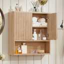 LEYAOYAO Fluted Bathroom Wall Cabinet, Wall-Mounted Medicine Cabinet with Adjustable Shelf & Doors, Farmhouse Floating Over the Toilet Storage Cabinets for Laundry Room, Kitchen, Living Room (Natural) 7.7"D×23.5"W×24"H