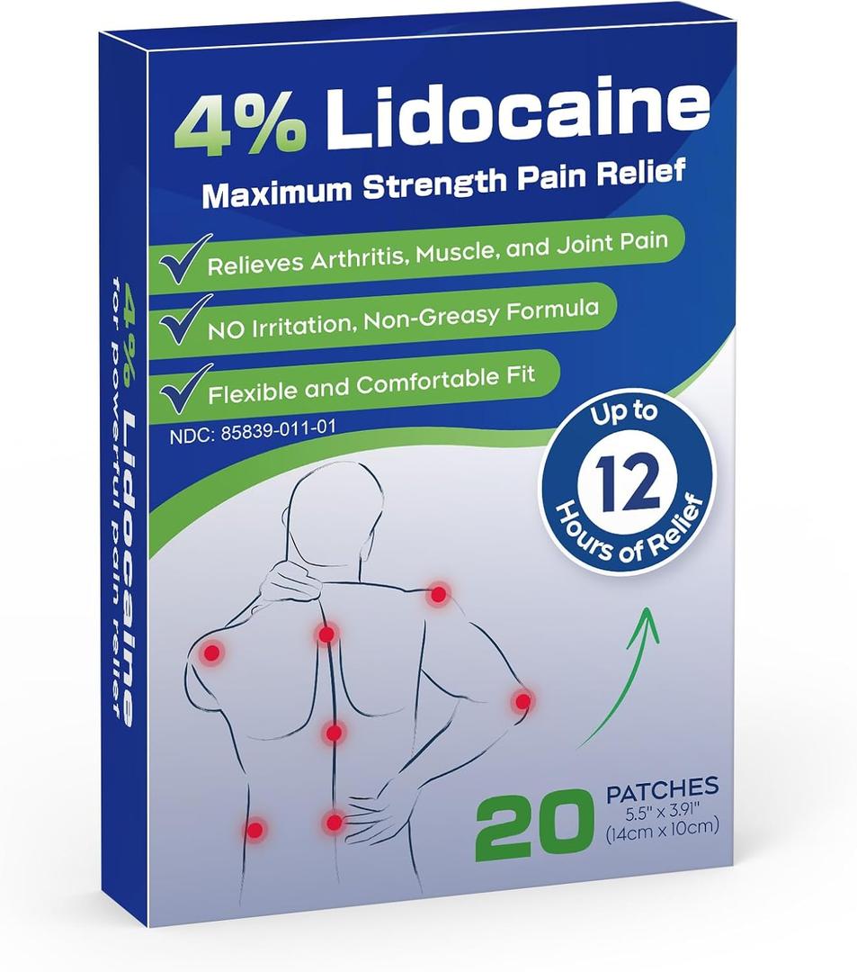 Uposiut 4% Lidocaine Patches, 20 Patches Maximum Strength Lidocaine Patches 20 Patches, for Muscle Pain Relief in The Neck, Shoulders, Back, Knees, and Anks, 12 Hour Pain Relief-012345