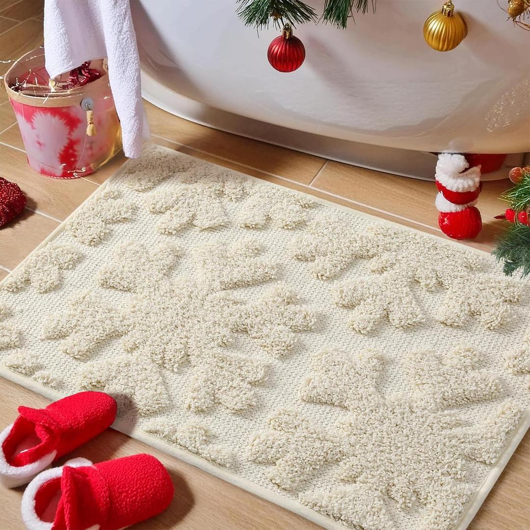 Luxury Cream Beige Winter Snowflake Bathroom Mat, 17"x25" Extra Soft and Absorbent Microfiber Bath Rug, Non-Slip TPR Back, Plush Shaggy Bath Carpet for Floor