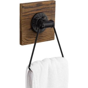 MyGift Industrial Metal Hand Towel Holder with Rustic Solid Burnt Wood Wall Backing, Matte Black Towel Ring for Bathroom, Kitchen, Laundry Room 5.5 x 8.7 inch (Dark Brown)