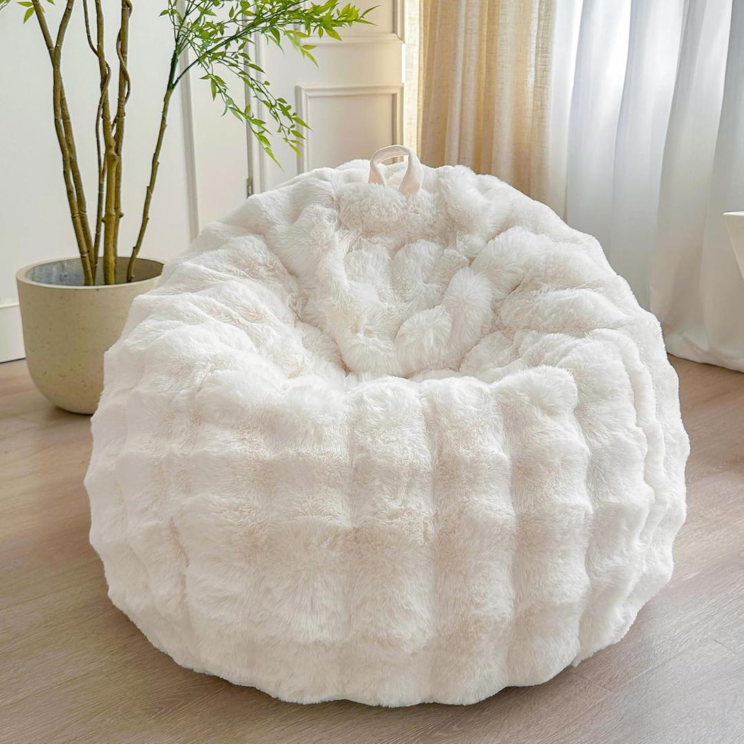 LIFEREVO Fluffy Faux Rabbit Fur Bean Bag Cover (No Filler), Big Luxury Fuzzy Stuffed Animal Storage Bubble Large Bean Bag Chair Home Decor, Comfy Shaggy Furry Beanbag Cover Kids Girls Adults, Beige (Large(38"x38"x40"))