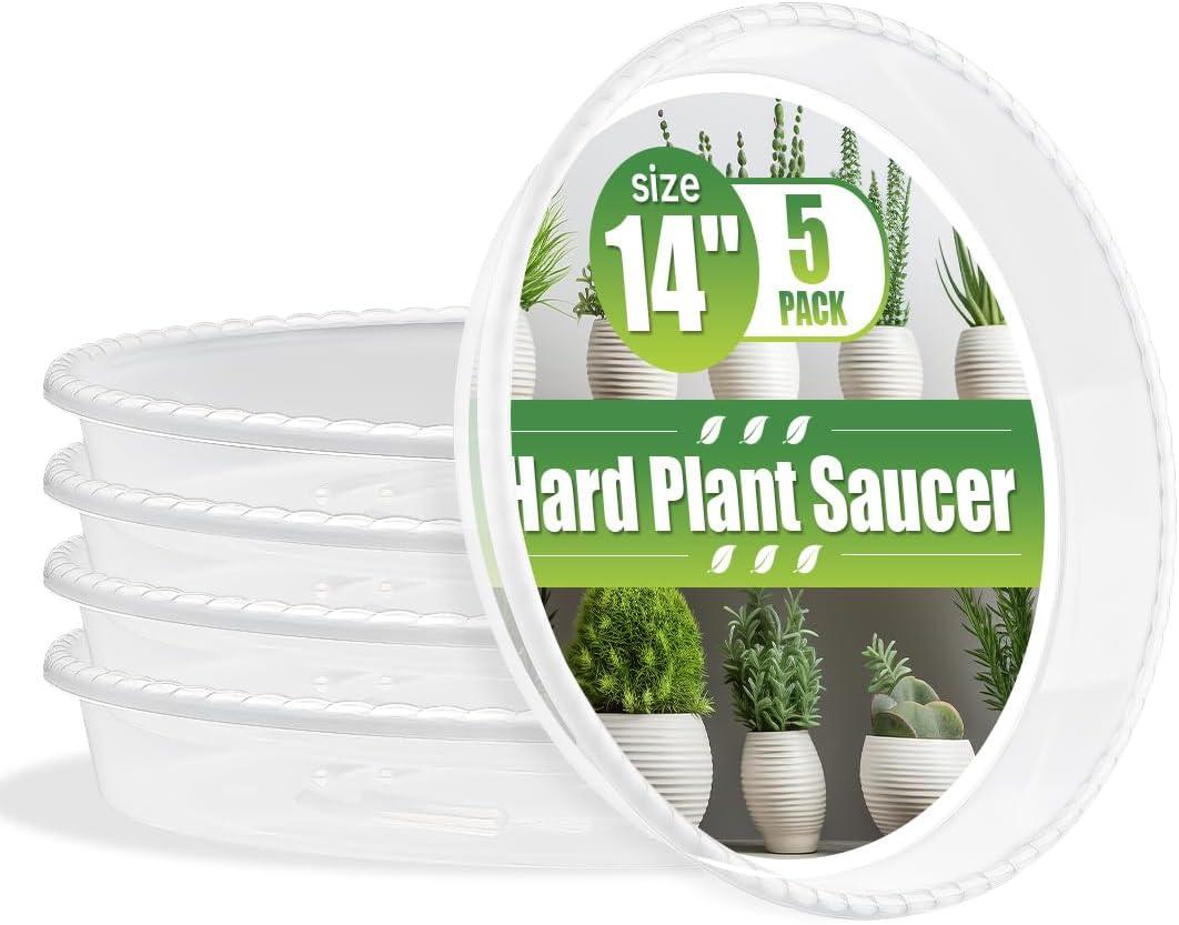 RooTrimmer 5 Pack 14 Inch Clear Plant Saucers for Pots,Heavy Duty Thick Plastic Plant Trays,Sturdy Water Catch Drip Trays for Indoor & Outdoor Plants