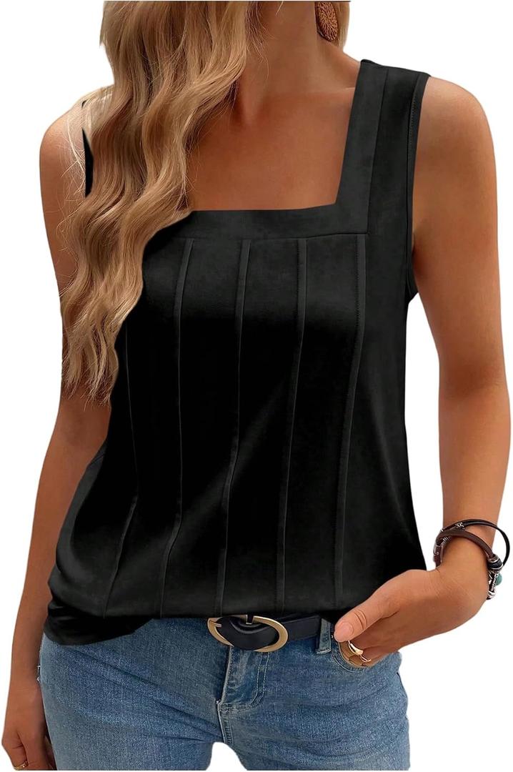 SHENHE Women's Summer Casual Tank Tops Sleeveless Square Neck Slim Fitted Basic Tops (Black, XL)