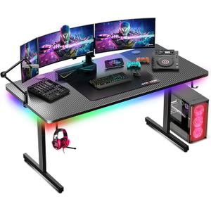 GTRACING Gaming Desk 55 Inch with LED Lights, Large Computer Desk with Mouse Pad for Home Office, T-Shaped Carbon Fibre Surface PC Game Workstations with Headphone Hook Light Black