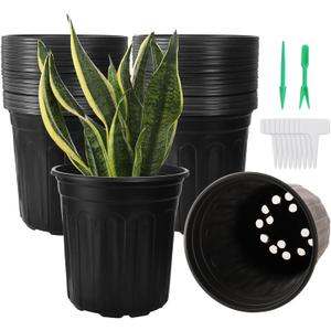 100 Pack 1 Gallon Flexible Plant Nursery Pots, Thickened Soft Plastic Plant Pots with 100Pcs Waterproof Plastic T-Type Plant Tags and 2Pcs/Set Transplanting Digging Mini Tools(Black) (6.5 inch, Black)