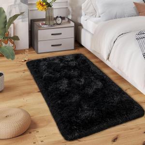 Super Fluffy Runner Rug for Bedroom, Modern Shag Black Area Rugs, Soft Plush Throw Carpet for Kids,Girls Boys and Teens Bedside Room Decor for Living Room Dorm Nursery Classroom, 2x4 Feet