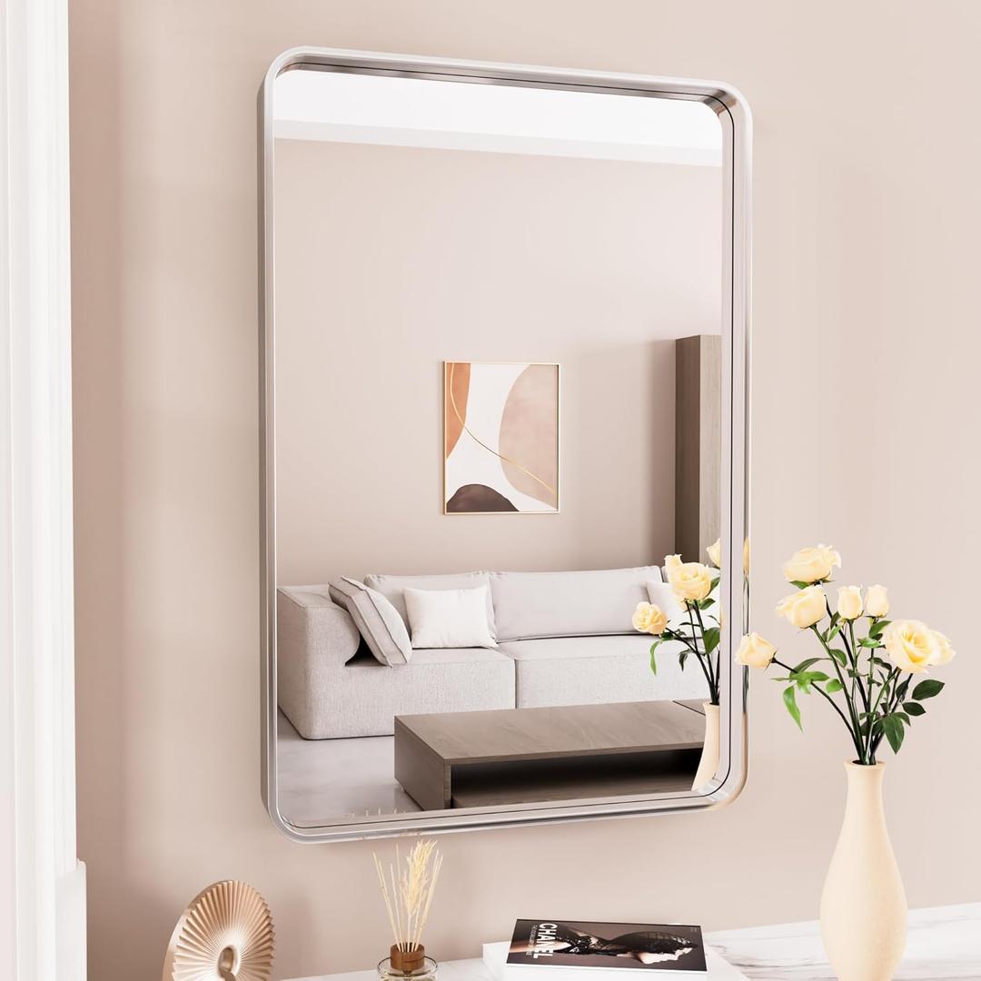JISOSO Brushed Nickel Bathroom Mirror, 22x30 Inch Thick Silver Metal Rectangle Frame Wall Mirror, Modern Round Corner Bathroom Vanity Mirror for Over Sink, Bedroom, Living Room, Entryway