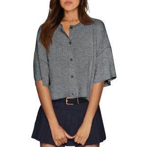 Cicy Bell Womens Half Sleeve Cardigan Sweaters Cropped Button Down Tops Oversized Lightweight Ribbed Knit Summer Outfits (Small, Dark Grey)