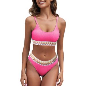 Fanuerg Women's Ribbed Bikini Sets Scoop Neck Cheeky Swimsuit Textured Two Piece Bathing Suit (Hot Pink1)