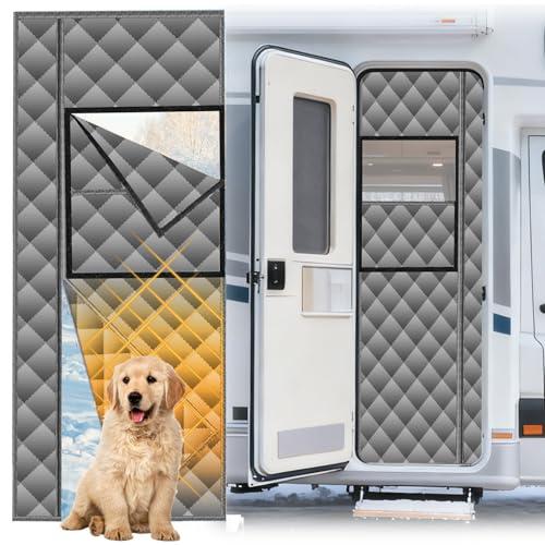 RV Insulated Door Cover, Magnetic RV Door Insulation Curtain for Winter, 33" x 80" Camper Thermal Insulated Door Blanket with Removable Transparent Window for Inside Camper, Travel Trailer, Gray