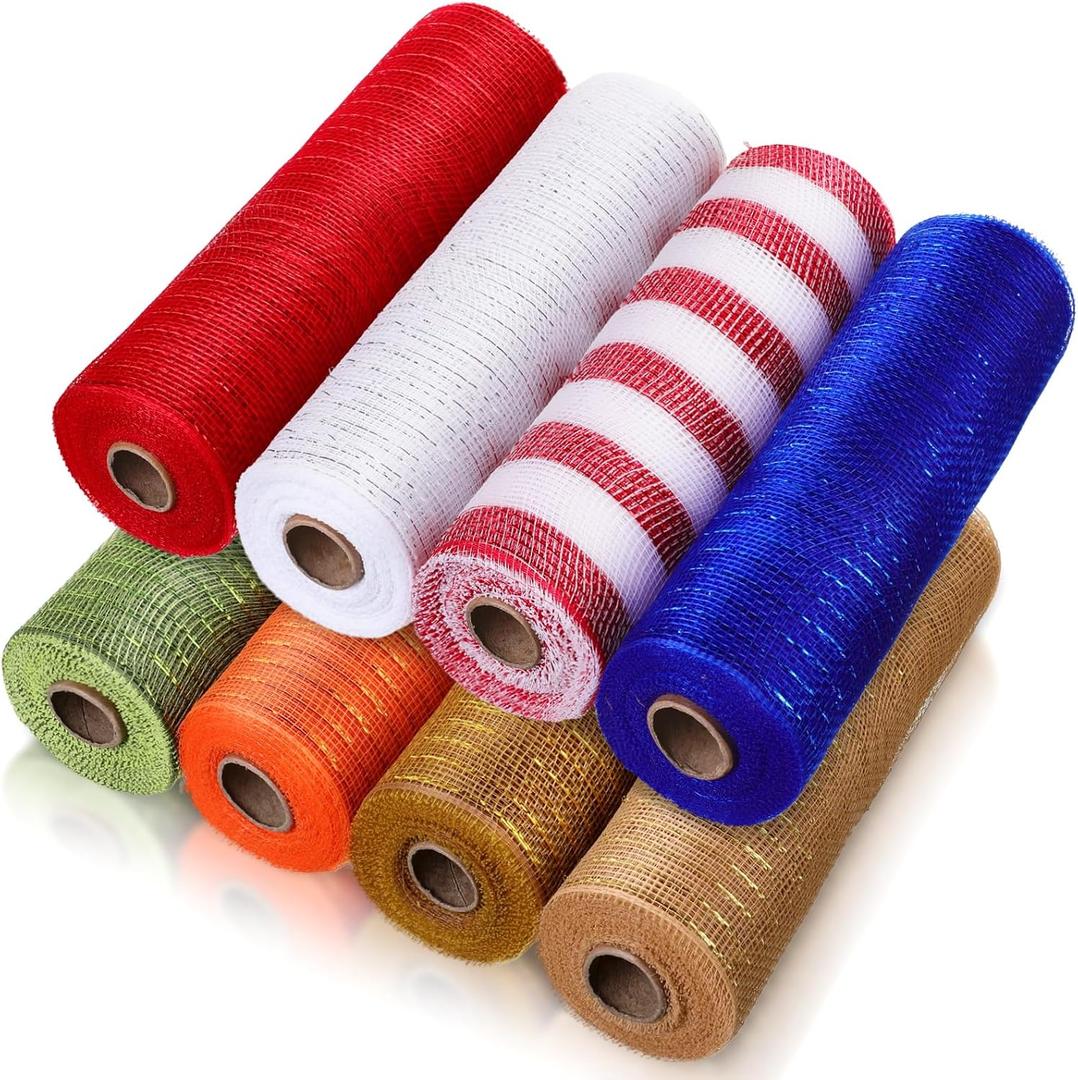 Timgle 8 Rolls 250th Anniversary Decor Mesh Ribbon for Wreath Making 10in x 30ft Pastel Red White Blue Poly Burlap Mesh Roll Fabric for American Patriotic 4th of July DIY Crafts Decor(Warm Color)