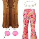 Kids Girls 60s 70s Hippie Costume Pants Set Fringe Vest Peace Flared Pants Outfits Accessories Set (10-12 Years, Pink)