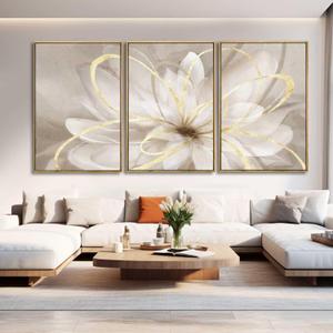 SOUGUAN Living Room Decor White Flower Artwork Gold Canvas Wall Art Abstract Line Painting for Bedroom Kitchen Dining Room Home Wall Decor 26"x40"x 3 Pieces