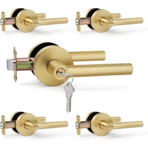Brushed Gold Entry Door Handle with Keys, Round Design Heavy Duty Door Lever, 5 Pack Wholesale Keyed-NOT-Alike Reversible for Left/Right Handed for Entrance and Front Door, Satin Brass