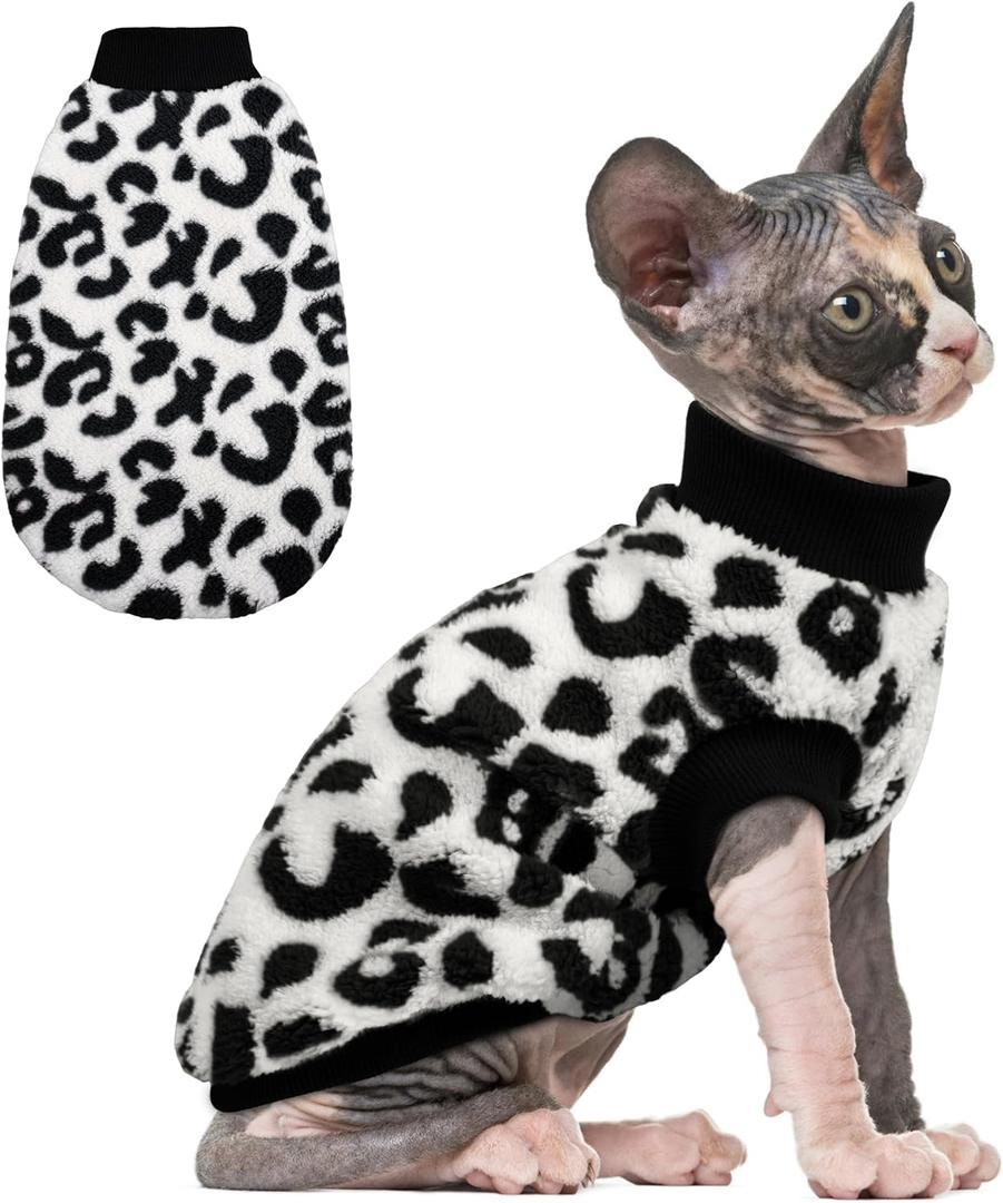 PUMYPOREITY Cozy Fleece Cat Sweater - Stretchy & Warm Knitted Cat Shirt, Super Soft Kitten Sweater, Machine Washable Pet Clothing for Comfort & Style, Black Leopard, XS