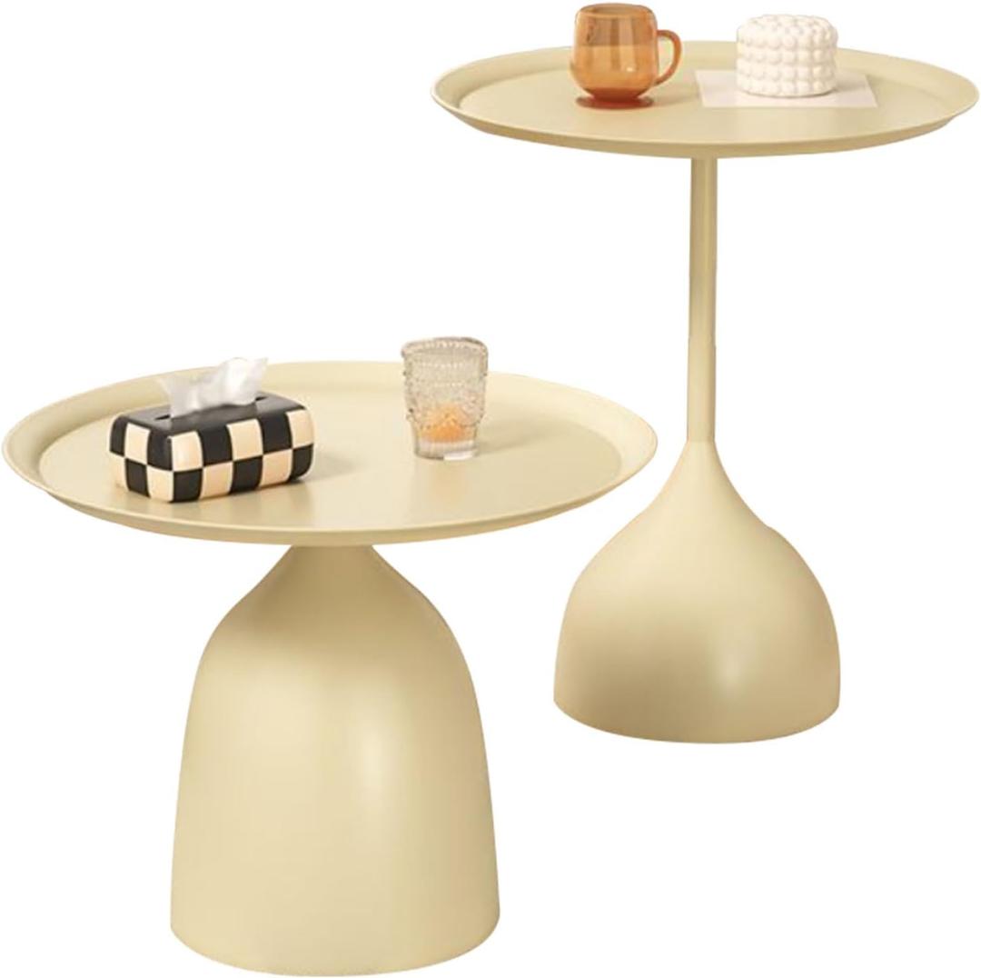 Modern Fluted Drum Coffee Table Set: Round Accent End Table, Beige