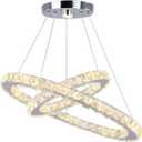 LED Chandelier Modern Contemporary 2 Rings Pendant Light Adjustable Stainless Steel Crystal Ceiling Lighting Fixture for Bedroom Living Room Dining Room (Warm White), 19.7" x 11.8"