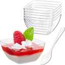 Zezzxu 100 Pack 2 oz Mini Dessert Cups with Spoons, Reusable Small Appetizer Plates Square Clear Plastic Party Serving Bowls Hors D'oeuvres Cups