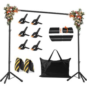 Backdrop Stand, Adjustable 10x7.5 FT Background Stand Backdrop for Parties, Photo Video Studio, Portable Photography Backdrop Stand with Carrying Bag, 6 Backdrop Clamps, and 2 Stand Bags, Black