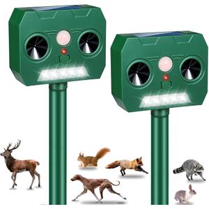 2Pack Deer Cat Squirrel Rabbit Repellent Outdoor Solar Ultrasonic Animal Repeller Waterproof Dog Deterrent with Flash Light Motion Sensor to Keep Skunk Coyote Raccoon Rodent Possum Out of Garden