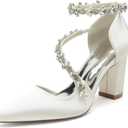 Block Heel Wedding Shoes for Bride Pointed Toe Rhinestones Strappy Bridal Heels Evening Formal Dress Shoes (7, Ivory)